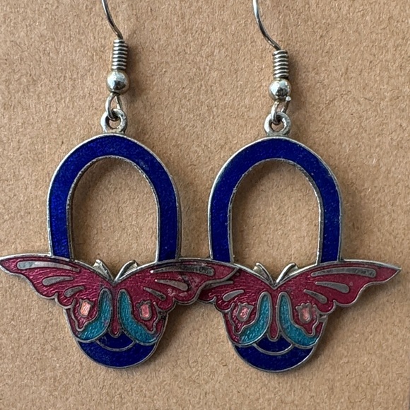 Jewelry - Cloisonné Butterfly Blue and Pink Earrings